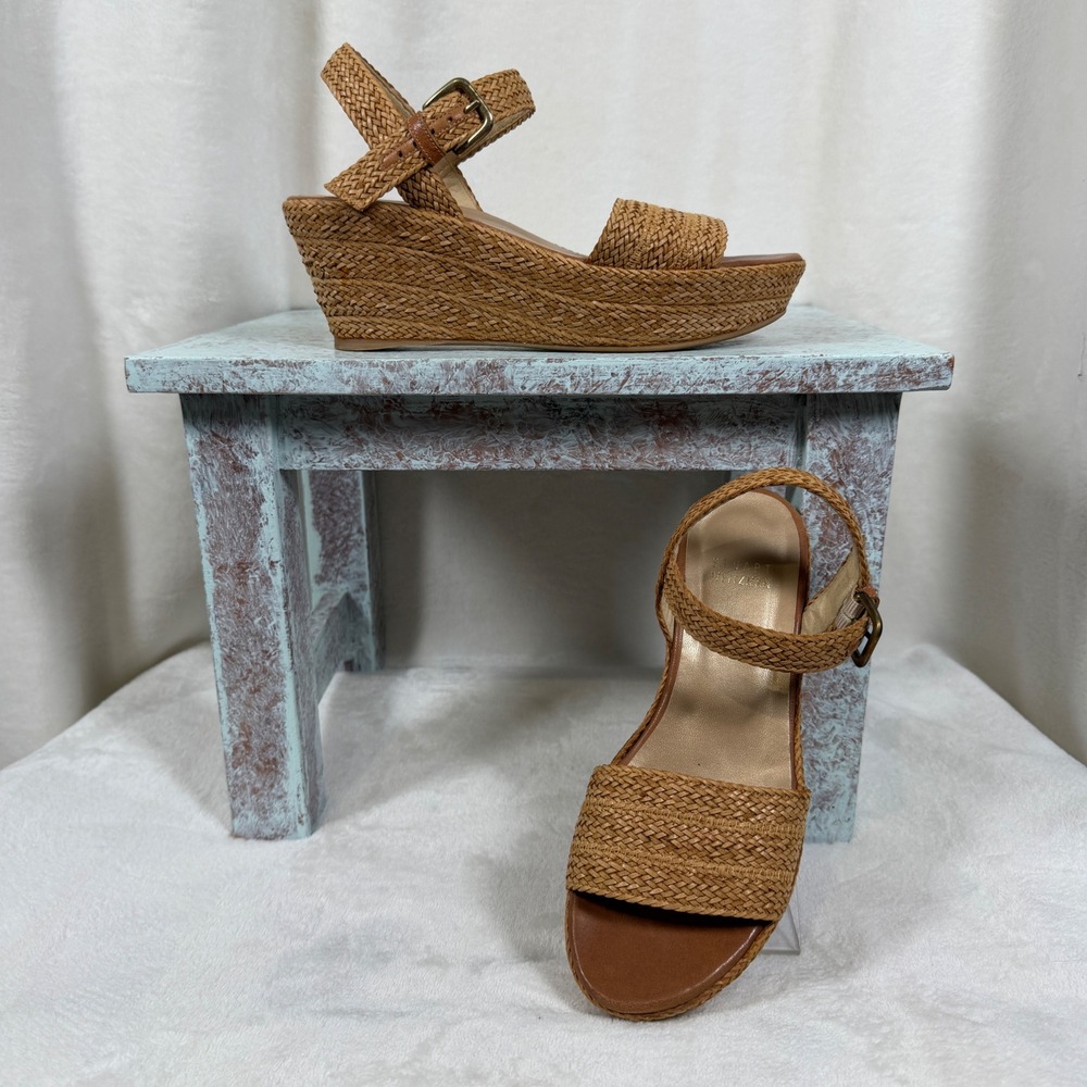 Stuart Weitzman Barbados Wedge Sandals Women 5.5 Tan Woven Platform Ankle Strap - Picture 1 of 11